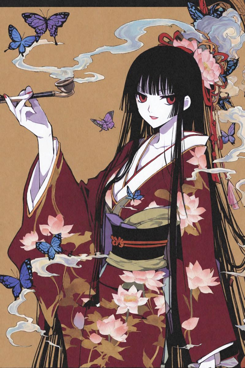 33650-842264394-xxxHOLiC,_Ichihara Yuko,1girl,black hair,solo,japanese clothes,kiseru,smoking pipe,red eyes,bug,butterfly,long hair,kimono,flowe.png